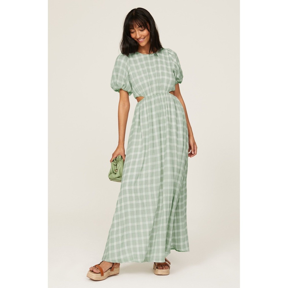 Show Me Your Mumu Eloise Cutout Maxi Sage Green Gingham Puff Sleeve Dress XS